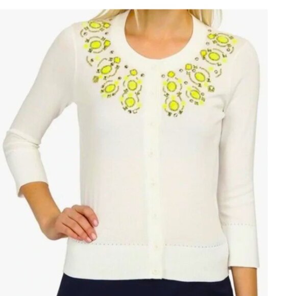 Kate Spade New York White Cardigan with Green and Gold Jeweled Detailing Size-M - Picture 1 of 10